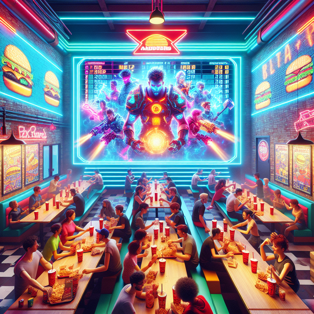 Fast food restaurant scene with players competing